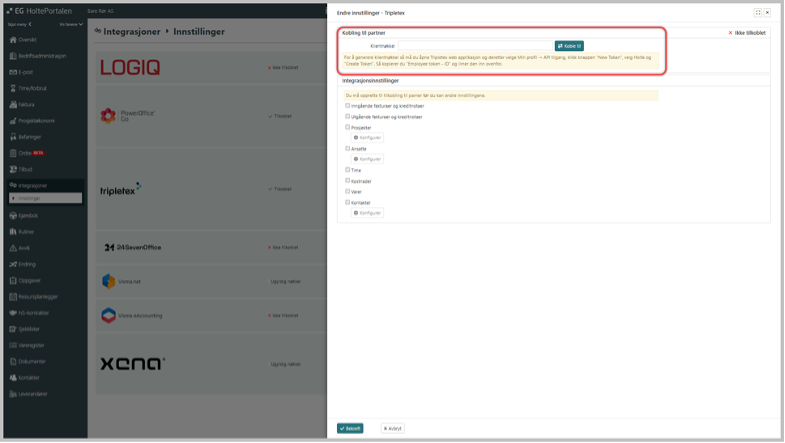 Lim inn nøkkel fra Tripletex